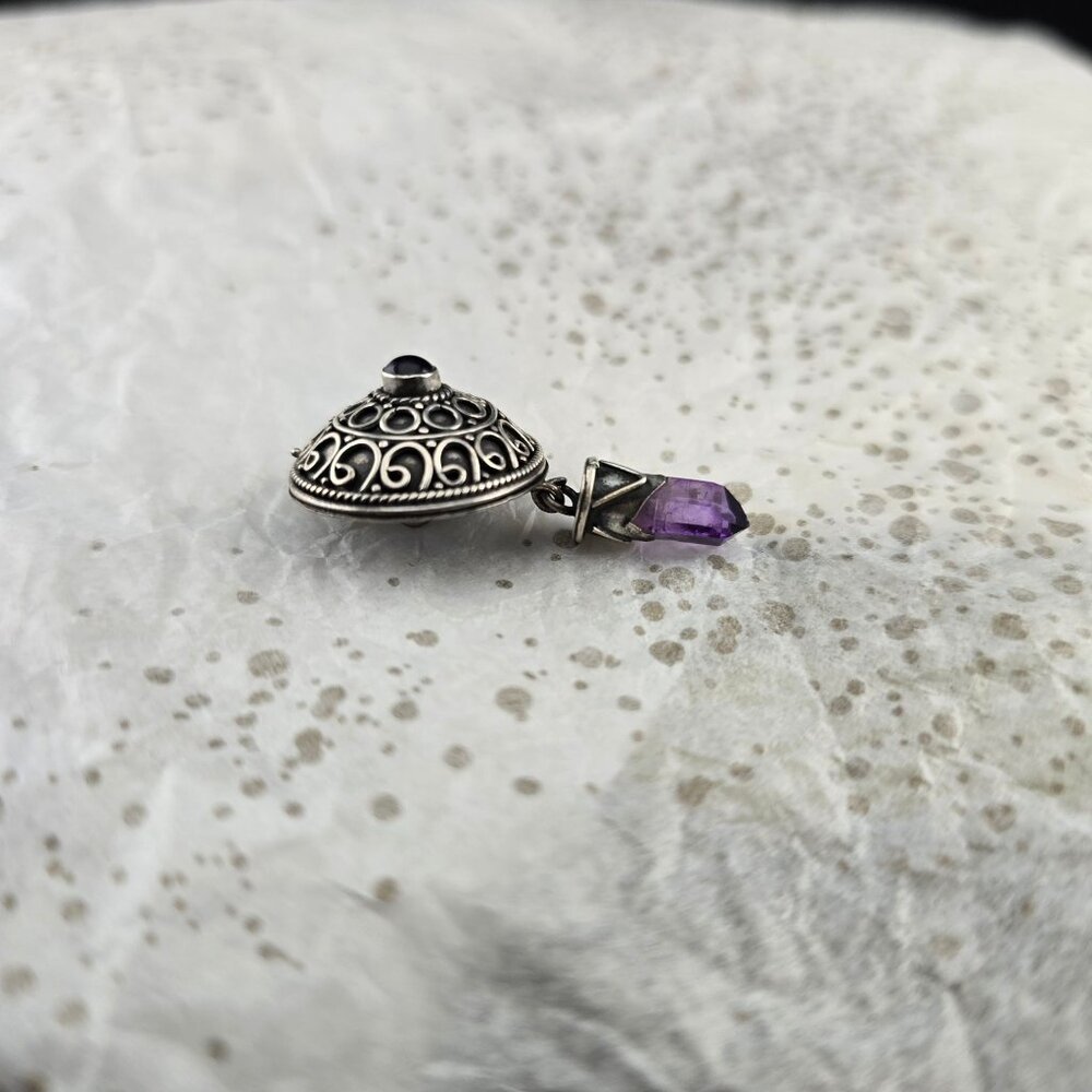 Vintage Sterling Silver 925 Pendant Amethyst Gemstone & Dangling Charm Domed - Picture 3 of 9